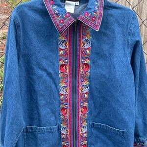 Embroidered Denim Blouse 100% cotton size medium with front zip